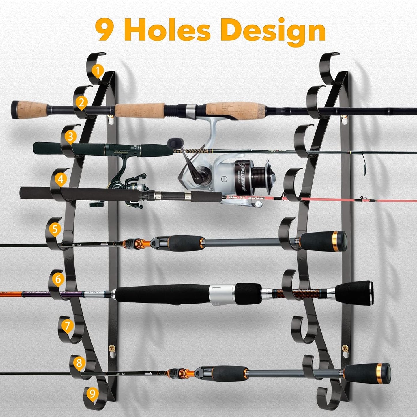 Fishing Rod Holder / Fishing Rod Rack / Fishing Pole Holder Wall /Ceiling Mount, Hold up to 8 Fishing Rods, Fishing Poles Storage & Display (Curved - 9 Fishing Rod)